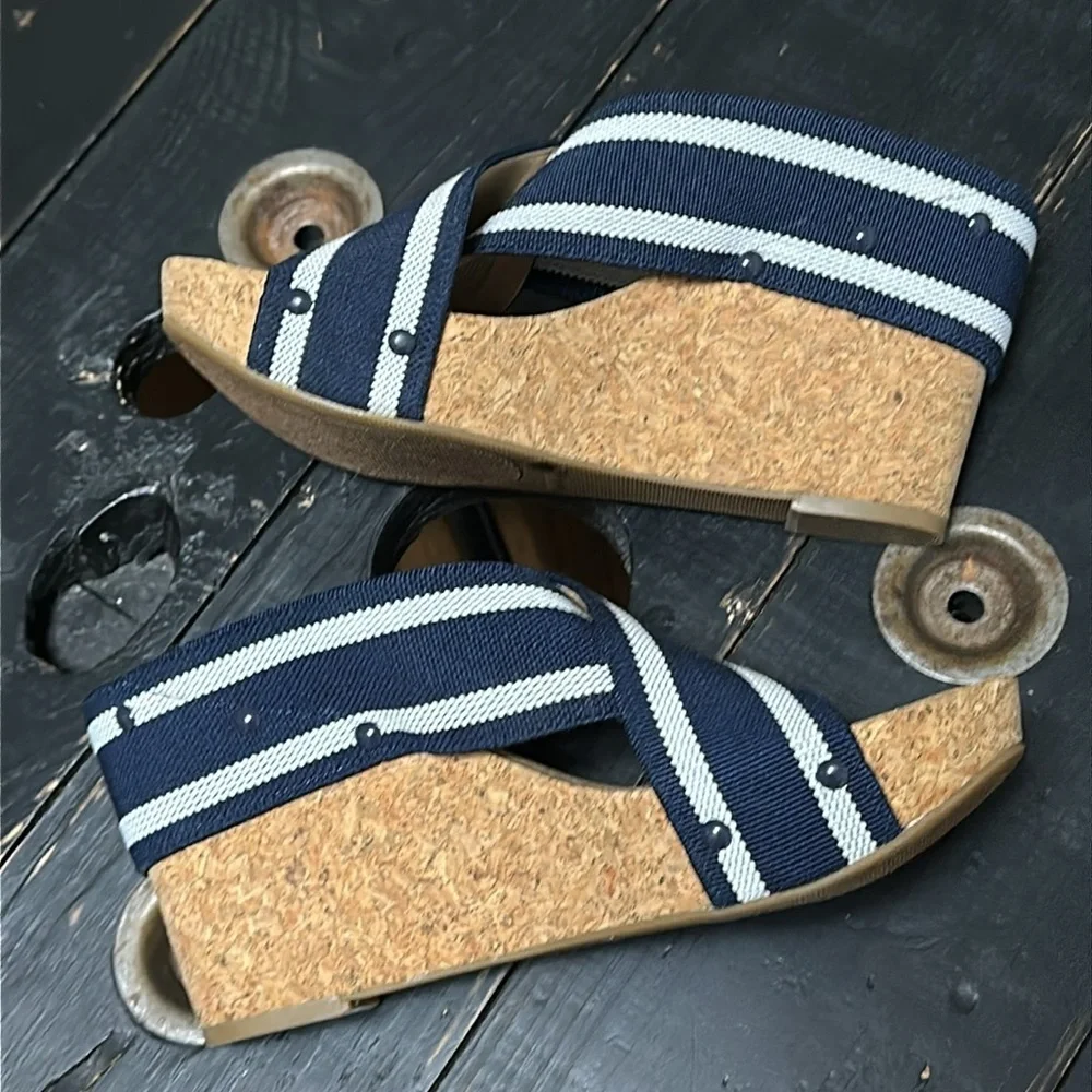 Lucky Brand Miller 2 Navy and White Striped Elastic Cross Strap Cork Wedges